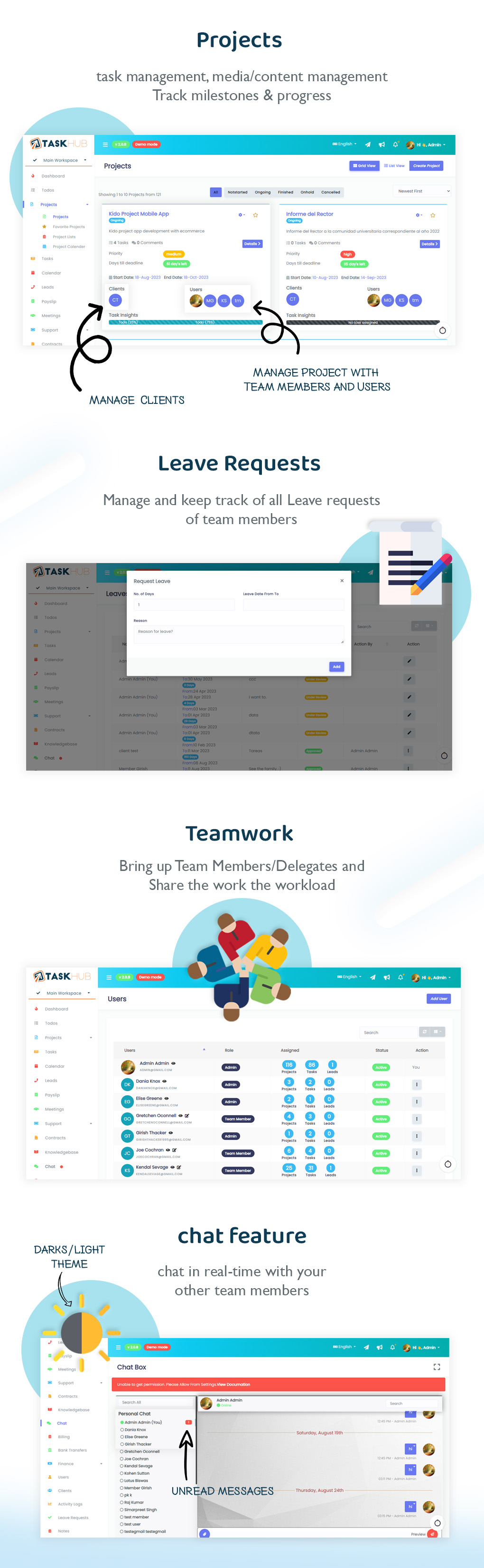 4 - projects-leave-requests-teamwork-chat - Taskhub SaaS