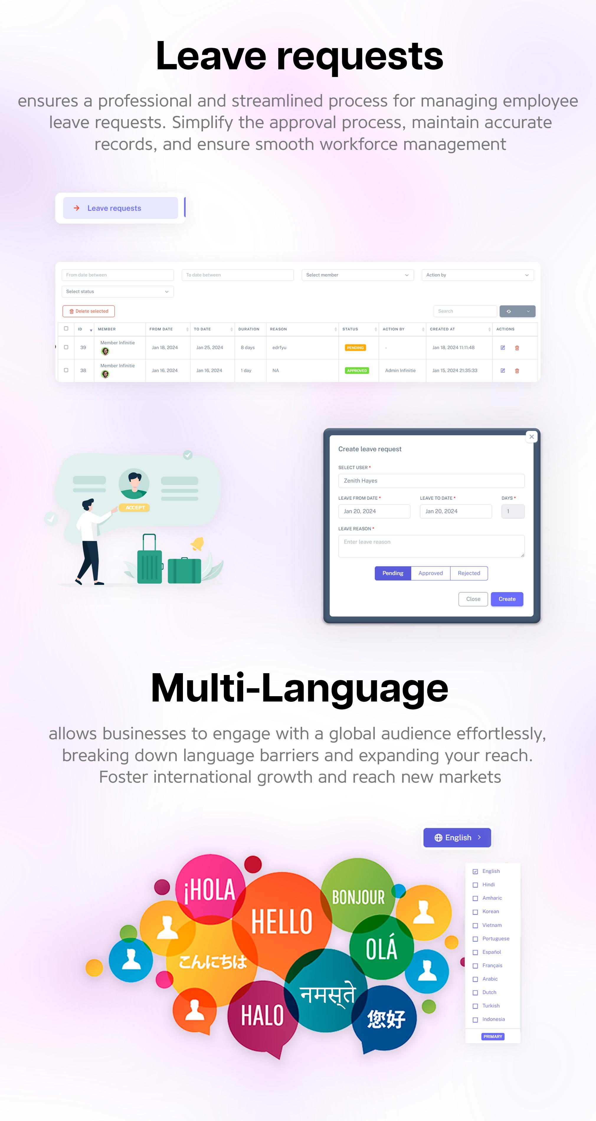 Leave Requests, Multi Language | Taskify - Project Management, Task Management & Productivity System